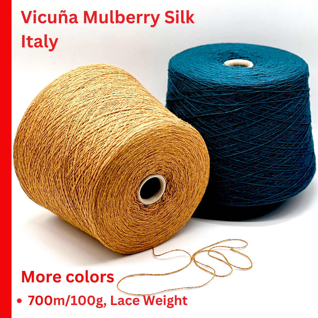 Ultra-luxury iDOKNiT lace weight yarn, VINICUNCA by Filcom Italy. 20% vicuña and 80% mulberry silk blend, Nm 2/14000. Authentic Italian-made yarn featuring the world's rarest animal fiber for unparalleled softness and luster curated by iDOKNiT.