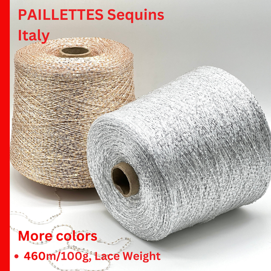 Elite iDOKNiT decorative lace weight yarn, SEQUINS by Cofil Italy. 100% polyester with micro-sequins, 460m/100g. Authentic Italian-made sparkling carry-along yarn curated by iDOKNiT to add texture and shine to professional knitting projects.