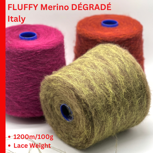 Fluffy Botto Giuseppe Alba Soft Dégradé extrafine merino lace weight yarn from iDOKNiT. Premium Italian-spun gradient fiber for soft, airy luxury knitting and weaving, 1200m per 100g.
