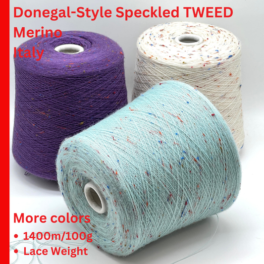 Ri.Go Slubby extrafine merino lace yarn with viscose neps from iDOKNiT. Premium Italian-spun speckled nep tweed fiber for soft, textured luxury knitting and weaving, 1400m per 100g.