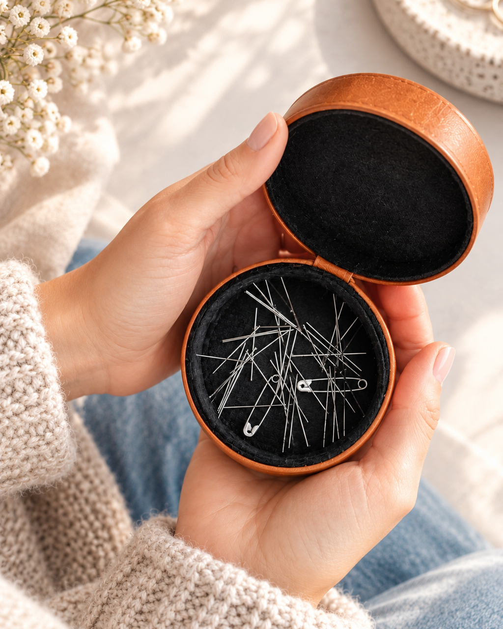 muud EMELI genuine leather round magnetic needle case with removable lid from iDOKNiT