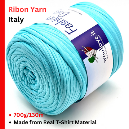 RIBON Spagehtti Yarn, FASHION BAG,  Made from Real T-Shirt Material, Cotton Lycra Stretch Thread, Italy, Perfect for Crochet Bags, 700g/130m