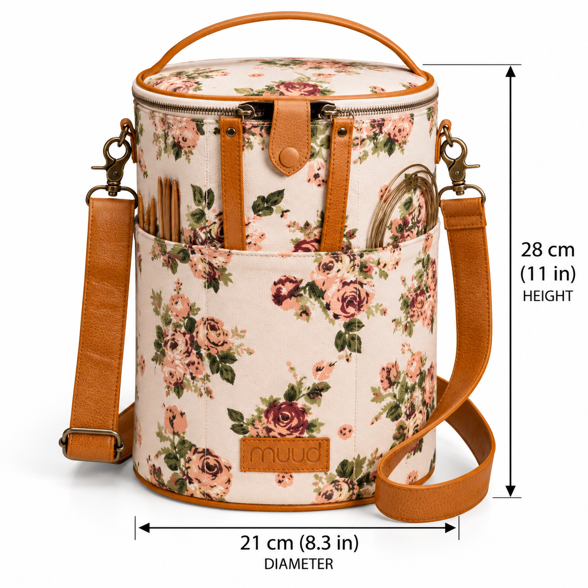 muud Saturn XL canvas project bag with genuine leather details and yarn feed holes from iDOKNiT