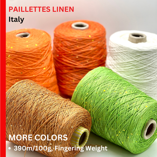 PAILLETTES Linen Yarn, BELLINO, Premium Italian Yarn by G&G Filati, Available in Balls and on Cone, Fingering Weight, 390m/100g (426y/3.52oz)