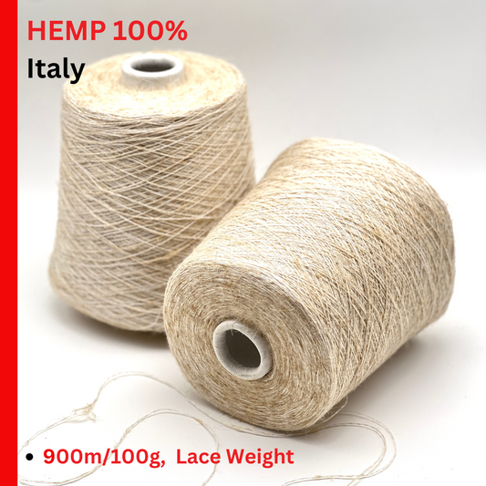 Two spools of hemp yarn with text indicating 'Hemp 100%', 'Italy', '900m/100g, Lace Weight' on a white background.