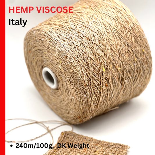 Roll of hemp viscose yarn with text indicating 'Hemp Viscose Italy' and product details.