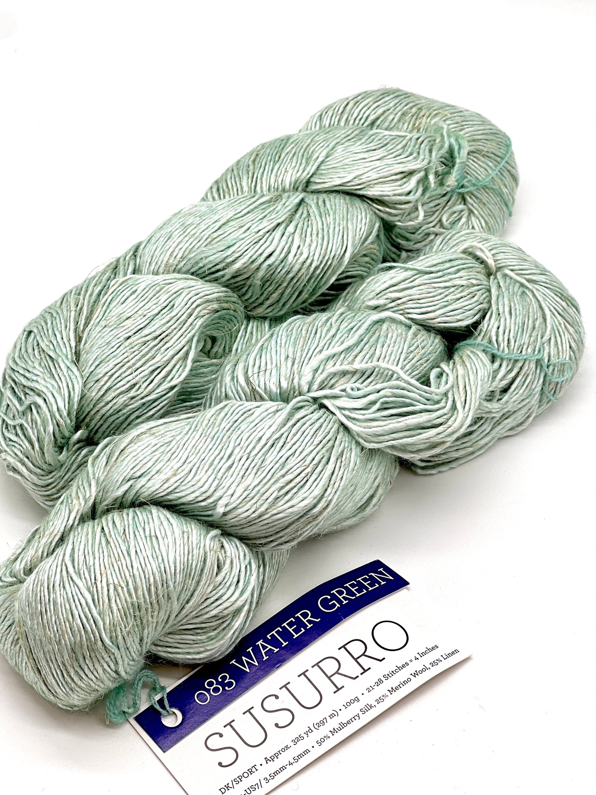 Premium iDOKNiT DK Sport weight yarn, SUSURRO by Malabrigo Peru. Luxury blend of 50% mulberry silk, 25% merino wool, and 25% linen, 297m/100g. Hand-dyed authentic Peruvian yarn curated by iDOKNiT for lightweight garments with elegant drape and sophisticated linen texture.