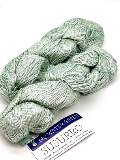 Premium iDOKNiT DK Sport weight yarn, SUSURRO by Malabrigo Peru. Luxury blend of 50% mulberry silk, 25% merino wool, and 25% linen, 297m/100g. Hand-dyed authentic Peruvian yarn curated by iDOKNiT for lightweight garments with elegant drape and sophisticated linen texture.