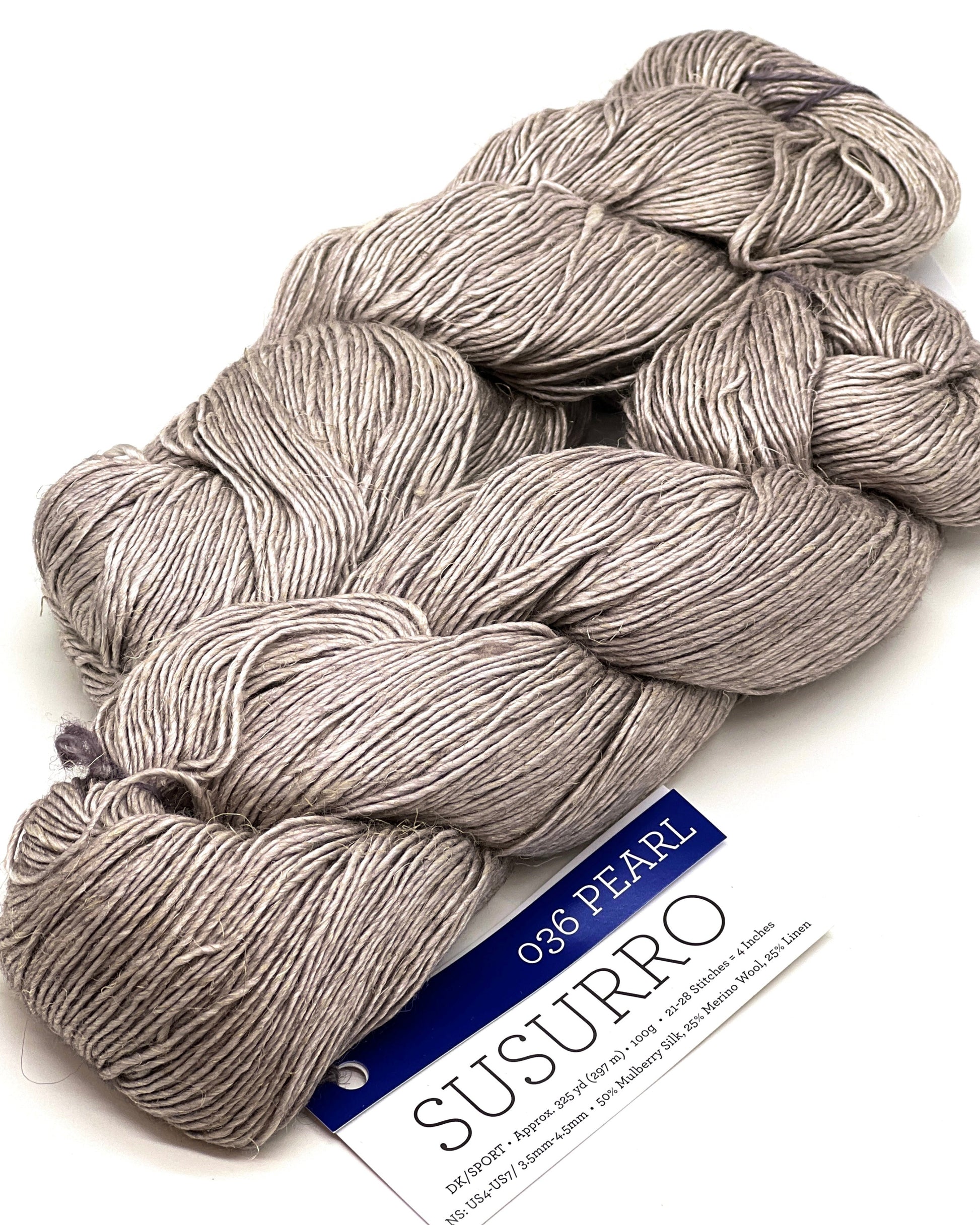 Premium iDOKNiT DK Sport weight yarn, SUSURRO by Malabrigo Peru. Luxury blend of 50% mulberry silk, 25% merino wool, and 25% linen, 297m/100g. Hand-dyed authentic Peruvian yarn curated by iDOKNiT for lightweight garments with elegant drape and sophisticated linen texture.