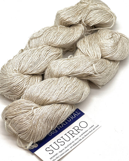 Premium iDOKNiT DK Sport weight yarn, SUSURRO by Malabrigo Peru. Luxury blend of 50% mulberry silk, 25% merino wool, and 25% linen, 297m/100g. Hand-dyed authentic Peruvian yarn curated by iDOKNiT for lightweight garments with elegant drape and sophisticated linen texture.