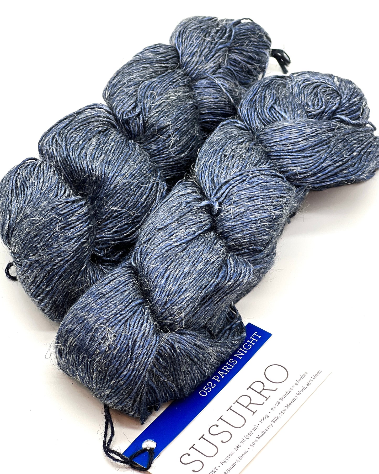 Premium iDOKNiT DK Sport weight yarn, SUSURRO by Malabrigo Peru. Luxury blend of 50% mulberry silk, 25% merino wool, and 25% linen, 297m/100g. Hand-dyed authentic Peruvian yarn curated by iDOKNiT for lightweight garments with elegant drape and sophisticated linen texture.