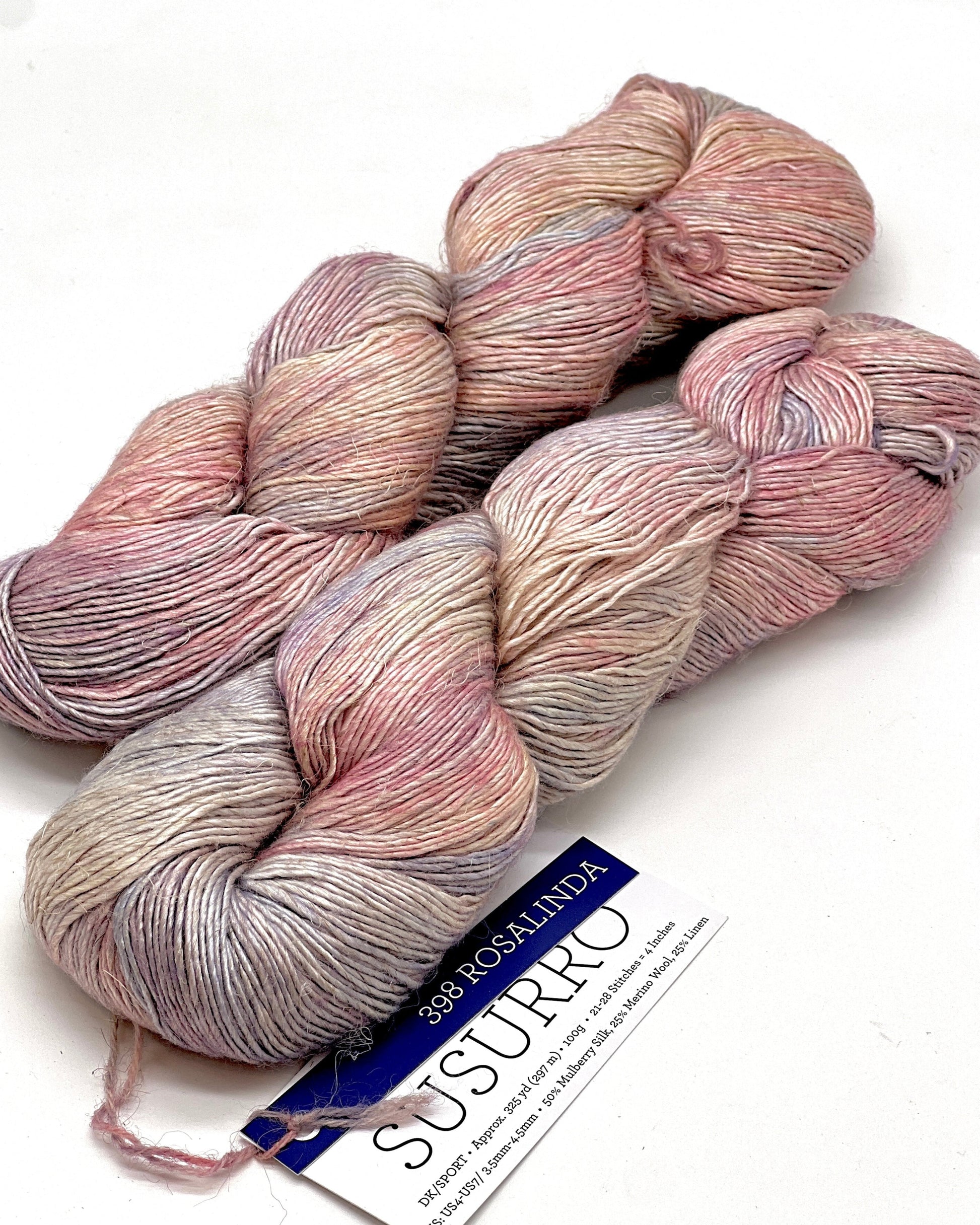 Premium iDOKNiT DK Sport weight yarn, SUSURRO by Malabrigo Peru. Luxury blend of 50% mulberry silk, 25% merino wool, and 25% linen, 297m/100g. Hand-dyed authentic Peruvian yarn curated by iDOKNiT for lightweight garments with elegant drape and sophisticated linen texture.