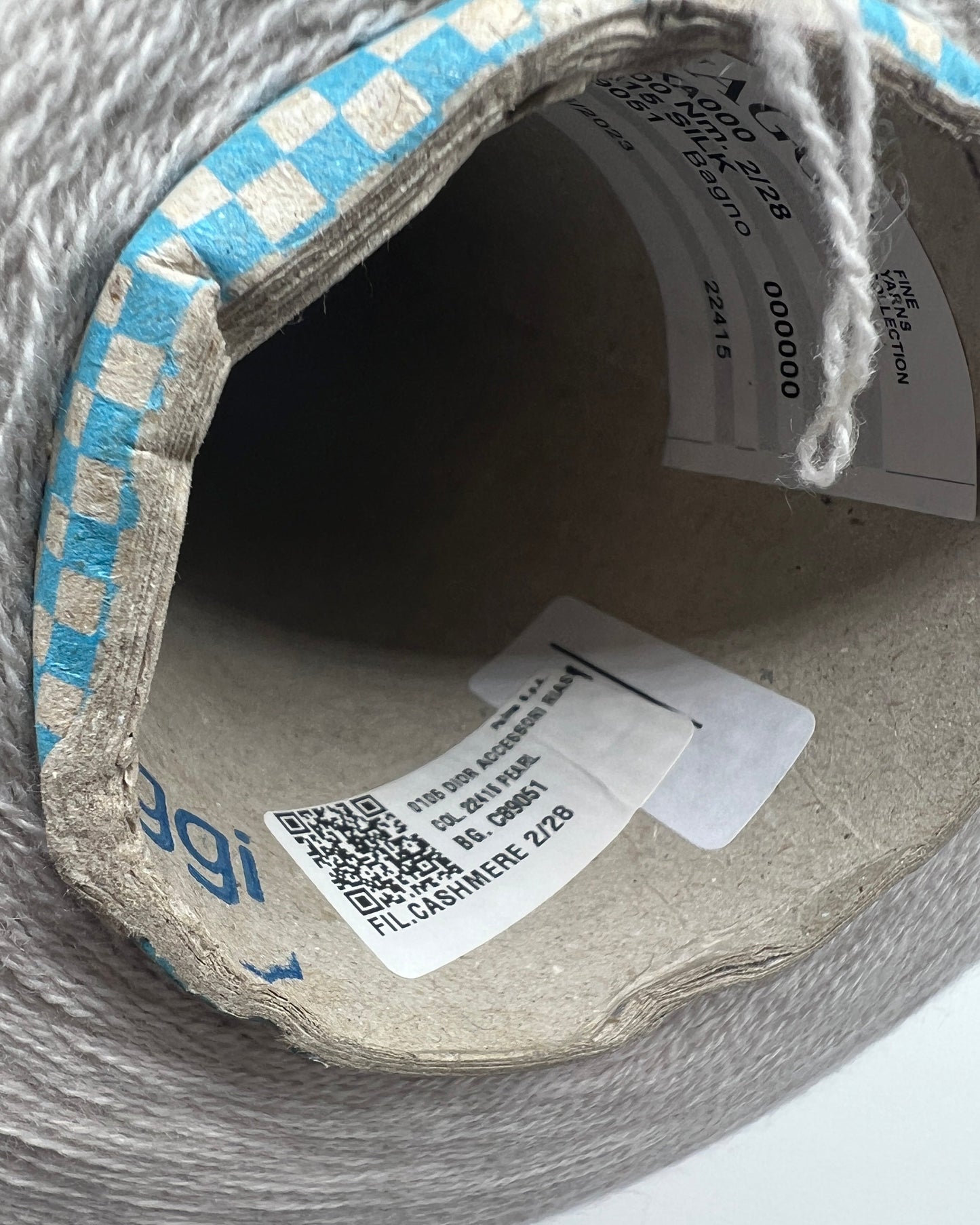 Exclusive iDOKNiT lace weight cashmere yarn, Cashmere 100 by Cariaggi Italy. Rare luxury surplus from Dior Accessori S.p.A. production. 100% pure cashmere in a classic Nm 2/28 count, providing 1400m per 100g. Authentic Italian-made luxury fiber curated by iDOKNiT for high-end fashion-grade lace projects and multi-strand knitting.