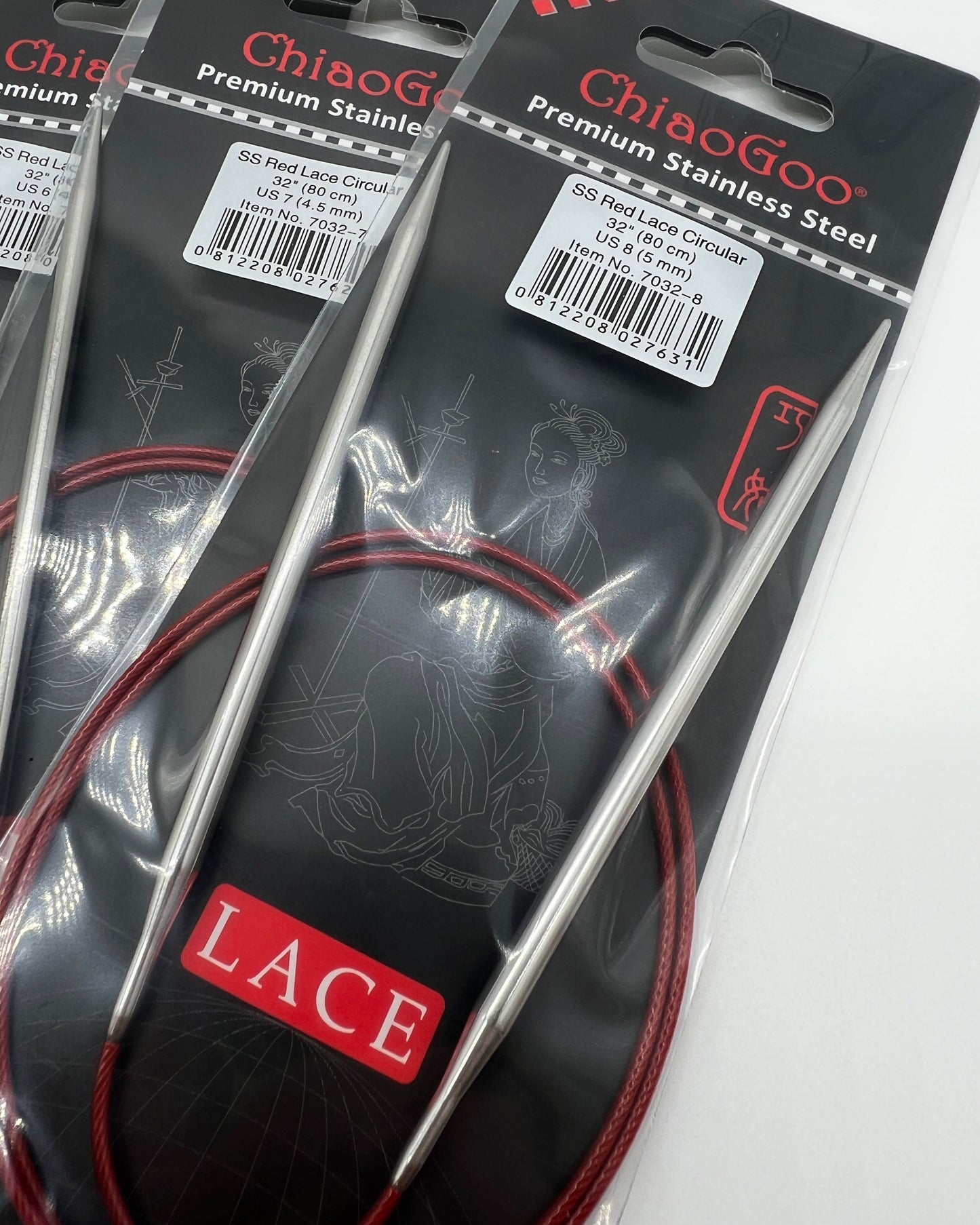 ChiaoGoo RED Lace fixed circular knitting needles featuring surgical stainless steel tips and signature red flexible cable for professional knitting at iDOKNiT.