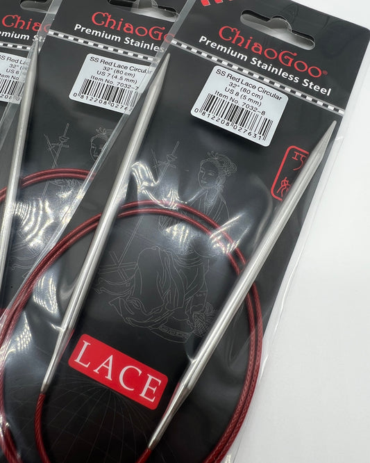 ChiaoGoo RED Lace fixed circular knitting needles featuring surgical stainless steel tips and signature red flexible cable for professional knitting at iDOKNiT.