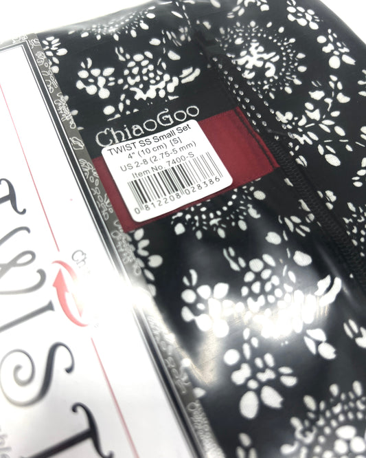ChiaoGoo TWIST SS 4" Small interchangeable knitting needle set with surgical stainless steel lace tips and zippered fabric case for iDOKNiT.
