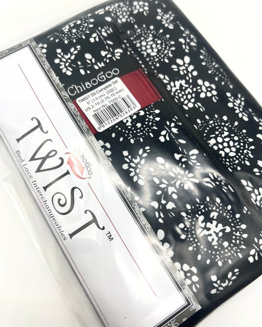 ChiaoGoo TWIST SS 5" Complete interchangeable knitting needle set with surgical stainless steel lace tips and compact fabric case for iDOKNiT.