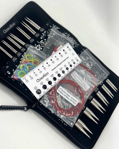 ChiaoGoo TWIST SS 5" Complete interchangeable knitting needle set with surgical stainless steel lace tips and compact fabric case for iDOKNiT.