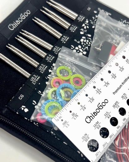 ChiaoGoo TWIST SS 5" Complete interchangeable knitting needle set with surgical stainless steel lace tips and compact fabric case for iDOKNiT.