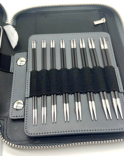ChiaoGoo FORTÉ 2.0 5" complete interchangeable knitting needle set with carbon fiber and blackwood tips in organized case for iDOKNiT.