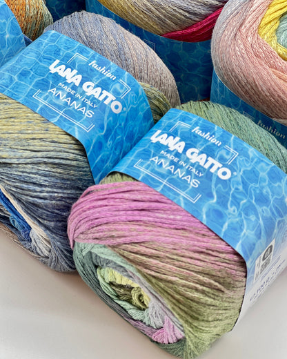 Exclusive iDOKNiT sport weight summer yarn, ANANAS by Lana Gatto Italy. A vibrant Fashion Collection 2026 blend of 75% cotton and 25% viscose, providing 290m per 100g ball. Authentic Italian-made luxury fiber curated by iDOKNiT for breathable, eco-friendly garments with a bold multicolour character and soft, fluid drape.