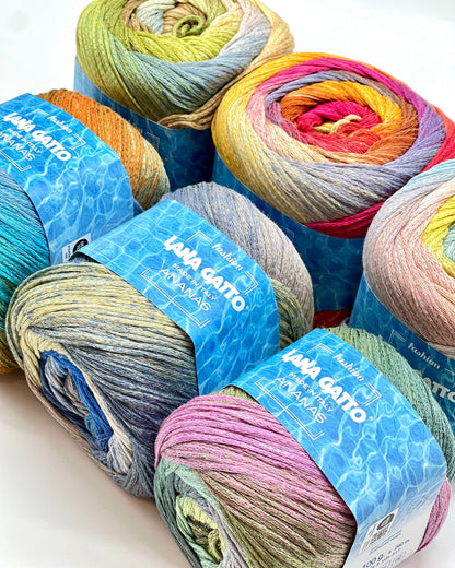 Exclusive iDOKNiT sport weight summer yarn, ANANAS by Lana Gatto Italy. A vibrant Fashion Collection 2026 blend of 75% cotton and 25% viscose, providing 290m per 100g ball. Authentic Italian-made luxury fiber curated by iDOKNiT for breathable, eco-friendly garments with a bold multicolour character and soft, fluid drape.