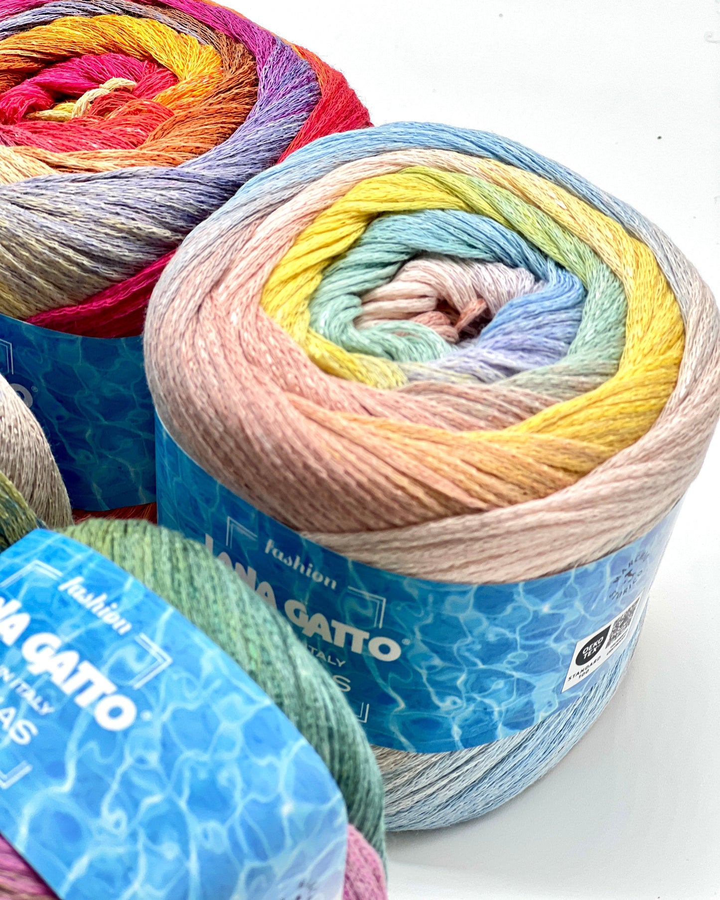 Exclusive iDOKNiT sport weight summer yarn, ANANAS by Lana Gatto Italy. A vibrant Fashion Collection 2026 blend of 75% cotton and 25% viscose, providing 290m per 100g ball. Authentic Italian-made luxury fiber curated by iDOKNiT for breathable, eco-friendly garments with a bold multicolour character and soft, fluid drape.