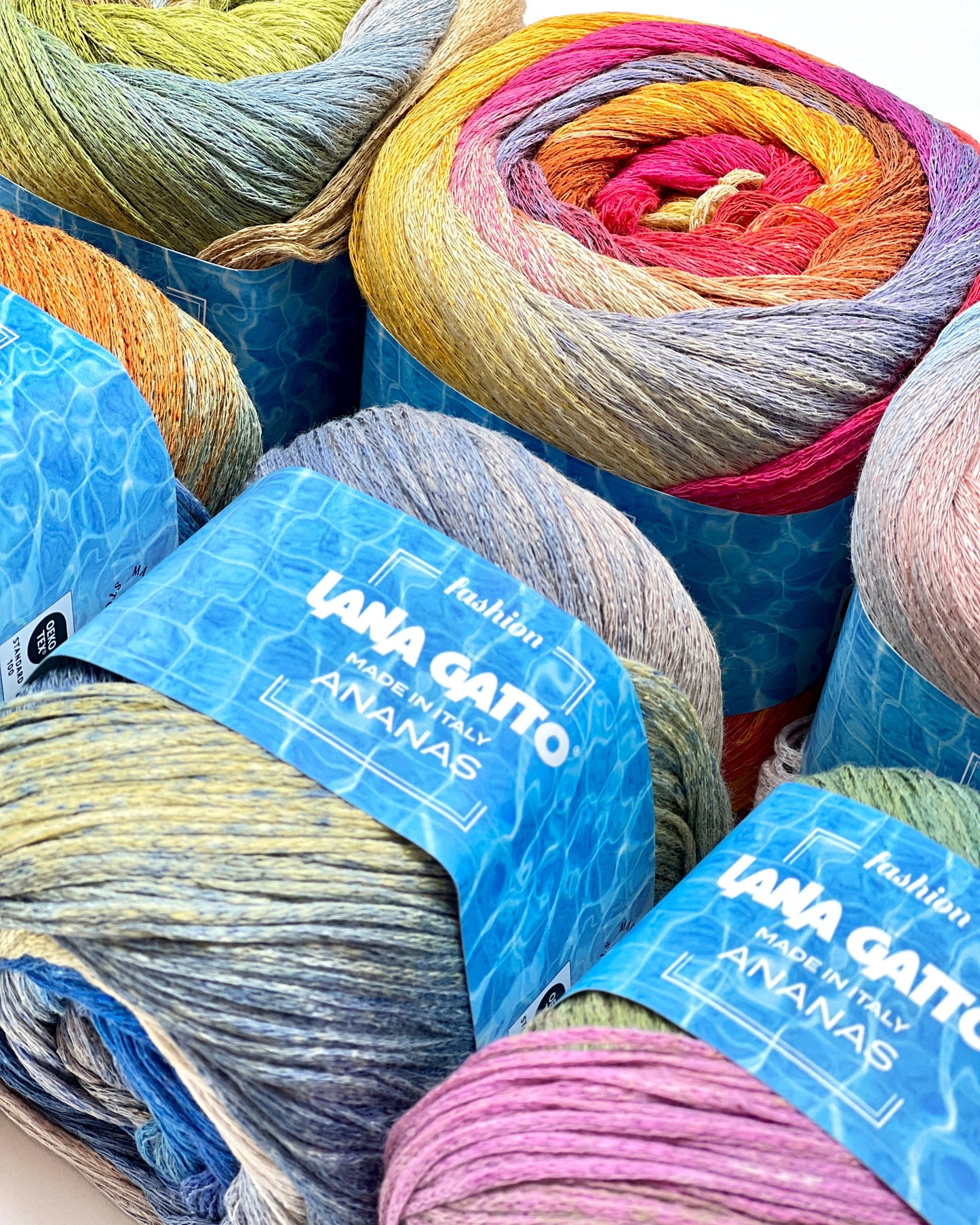 Exclusive iDOKNiT sport weight summer yarn, ANANAS by Lana Gatto Italy. A vibrant Fashion Collection 2026 blend of 75% cotton and 25% viscose, providing 290m per 100g ball. Authentic Italian-made luxury fiber curated by iDOKNiT for breathable, eco-friendly garments with a bold multicolour character and soft, fluid drape.