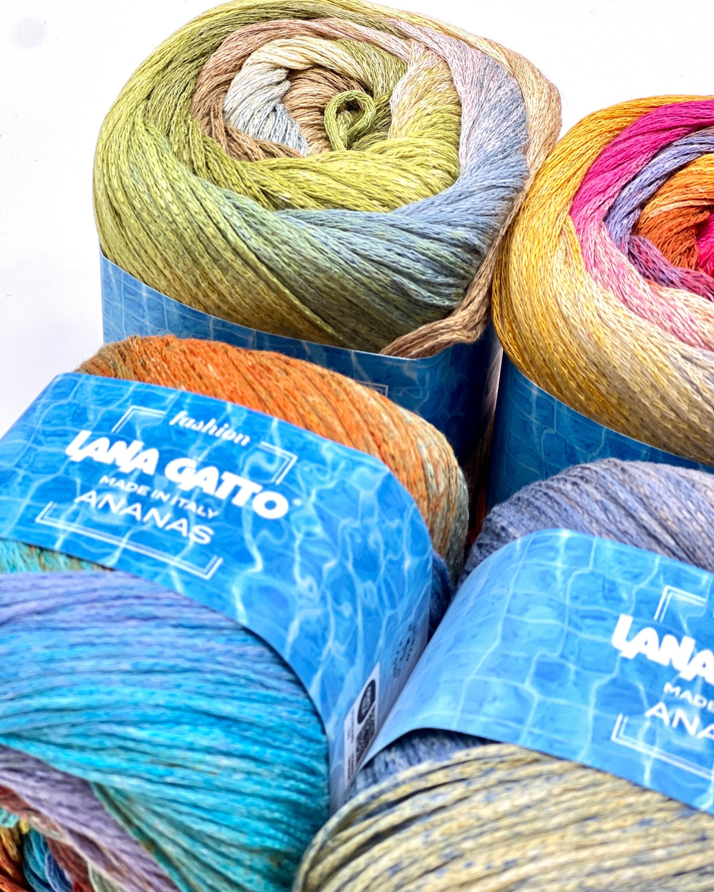 Exclusive iDOKNiT sport weight summer yarn, ANANAS by Lana Gatto Italy. A vibrant Fashion Collection 2026 blend of 75% cotton and 25% viscose, providing 290m per 100g ball. Authentic Italian-made luxury fiber curated by iDOKNiT for breathable, eco-friendly garments with a bold multicolour character and soft, fluid drape.