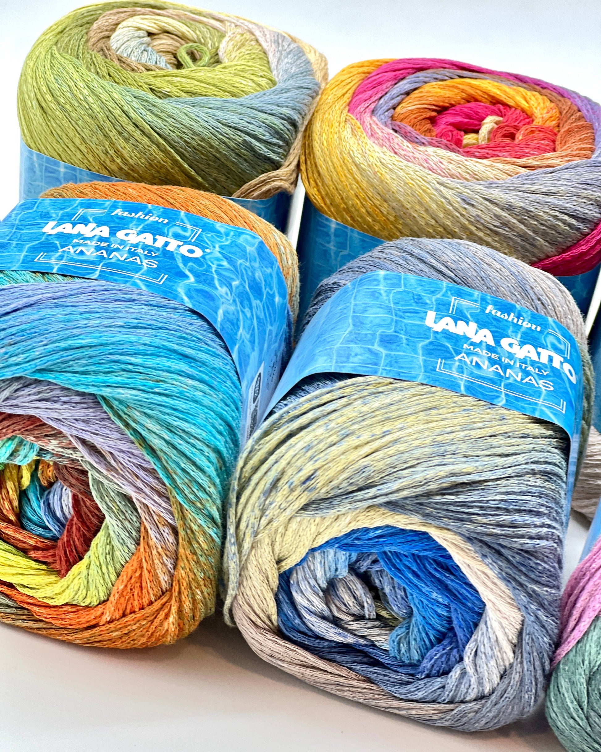 Exclusive iDOKNiT sport weight summer yarn, ANANAS by Lana Gatto Italy. A vibrant Fashion Collection 2026 blend of 75% cotton and 25% viscose, providing 290m per 100g ball. Authentic Italian-made luxury fiber curated by iDOKNiT for breathable, eco-friendly garments with a bold multicolour character and soft, fluid drape.