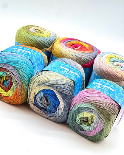 Exclusive iDOKNiT sport weight summer yarn, ANANAS by Lana Gatto Italy. A vibrant Fashion Collection 2026 blend of 75% cotton and 25% viscose, providing 290m per 100g ball. Authentic Italian-made luxury fiber curated by iDOKNiT for breathable, eco-friendly garments with a bold multicolour character and soft, fluid drape.