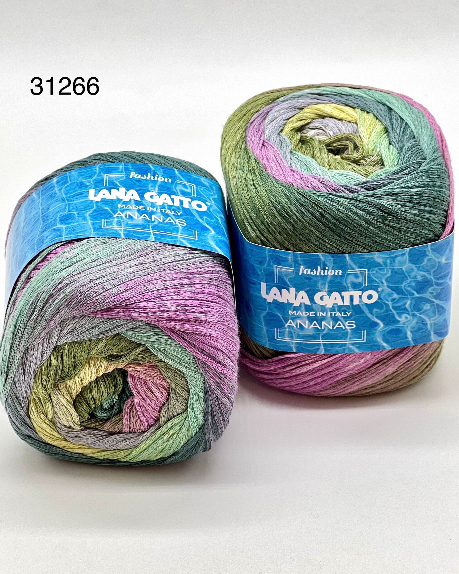 Exclusive iDOKNiT sport weight summer yarn, ANANAS by Lana Gatto Italy. A vibrant Fashion Collection 2026 blend of 75% cotton and 25% viscose, providing 290m per 100g ball. Authentic Italian-made luxury fiber curated by iDOKNiT for breathable, eco-friendly garments with a bold multicolour character and soft, fluid drape.