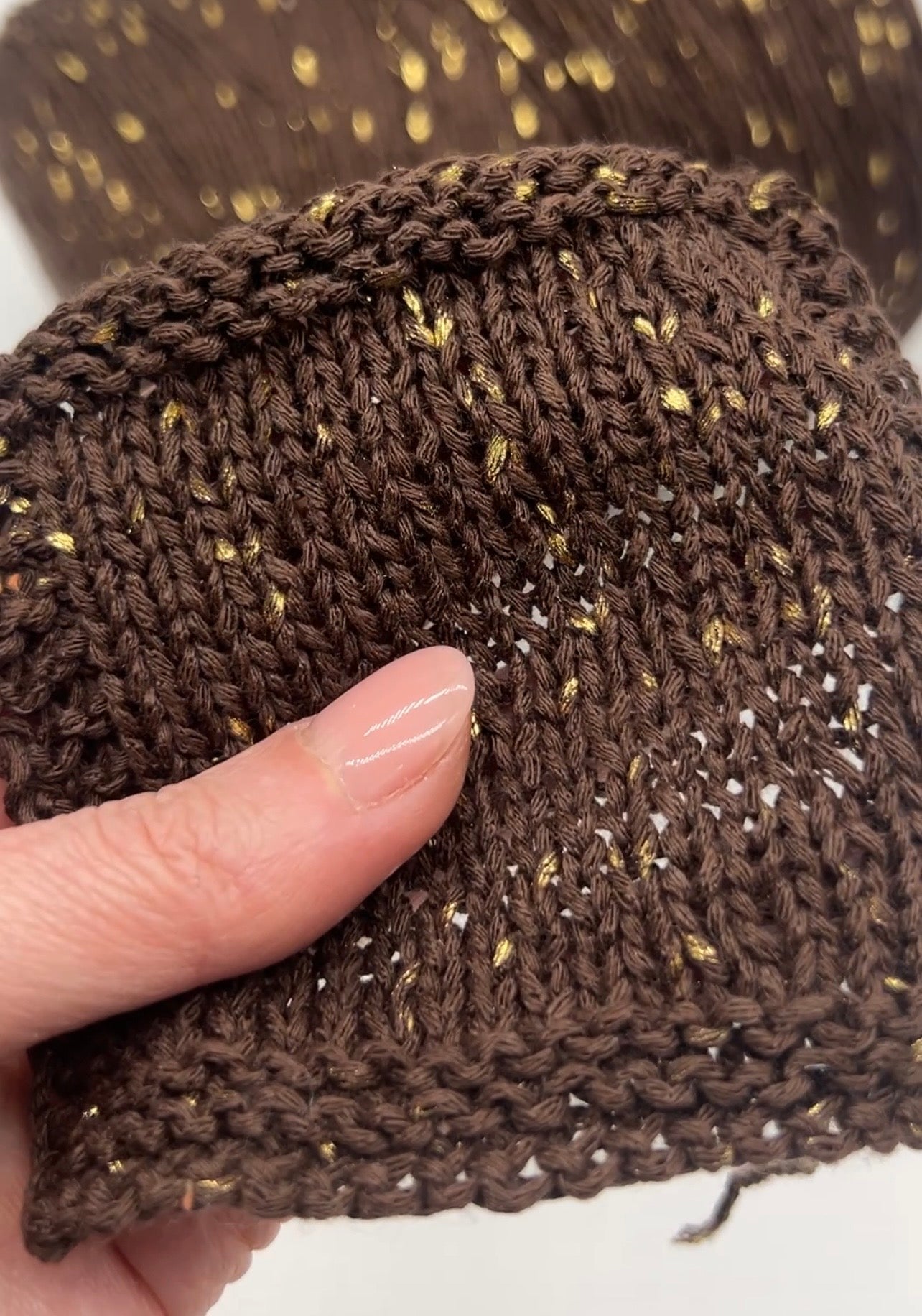 Italian cotton blend chain yarn chocolate brown with gold paint-like splashes
