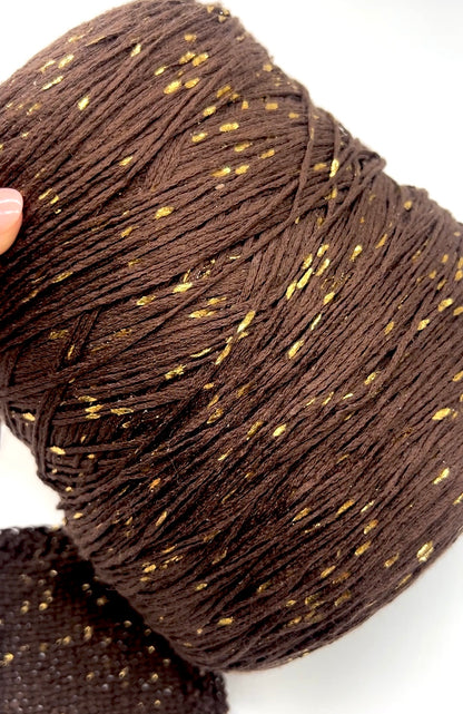 Italian cotton blend chain yarn chocolate brown with gold paint-like splashes