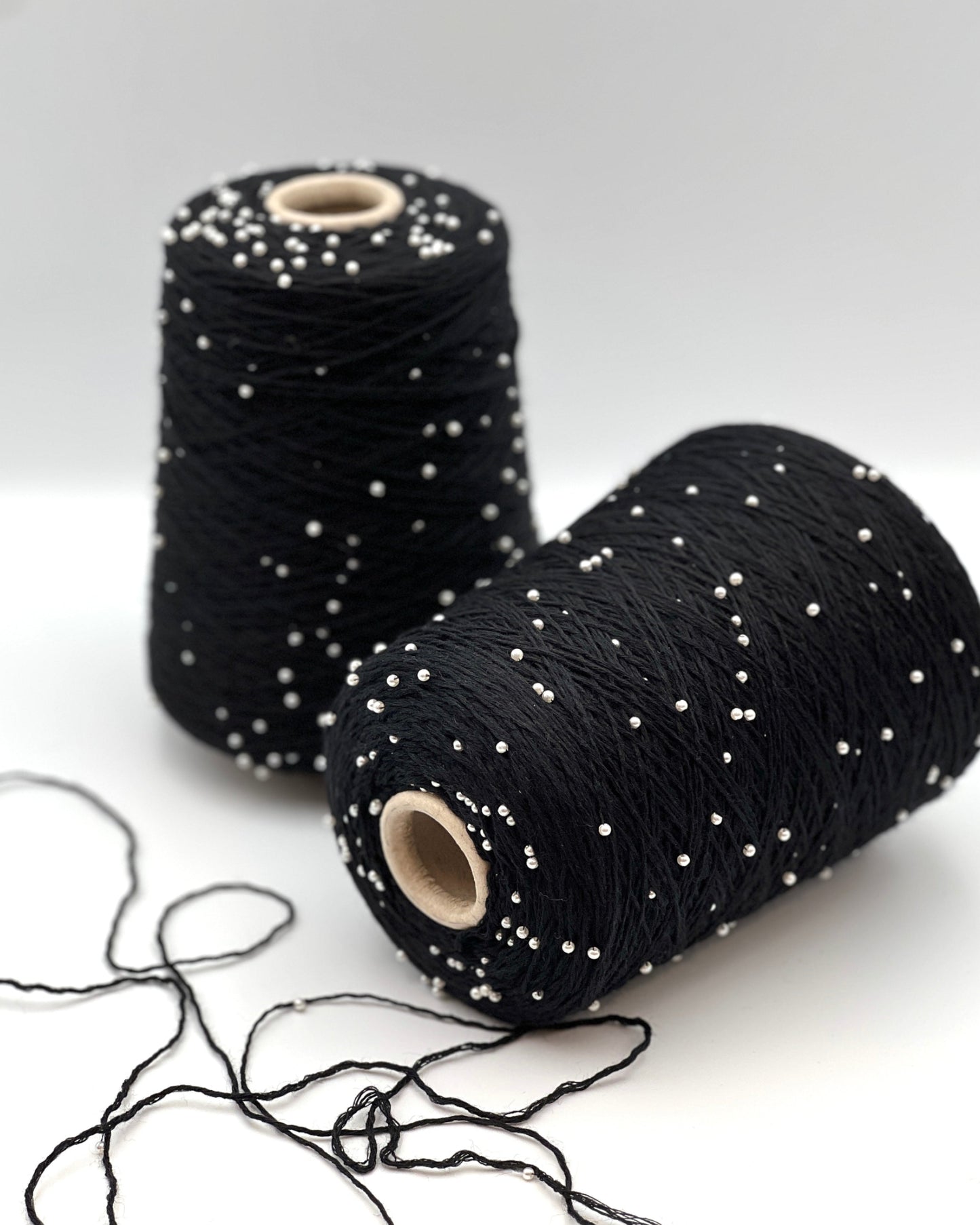 G&G Filati BON-BON luxury 100% merino wool single ply sport weight yarn integrated with generously spaced perline pearl beads on original industrial cones for Brunello Cucinelli inspired knitwear at iDOKNiT.