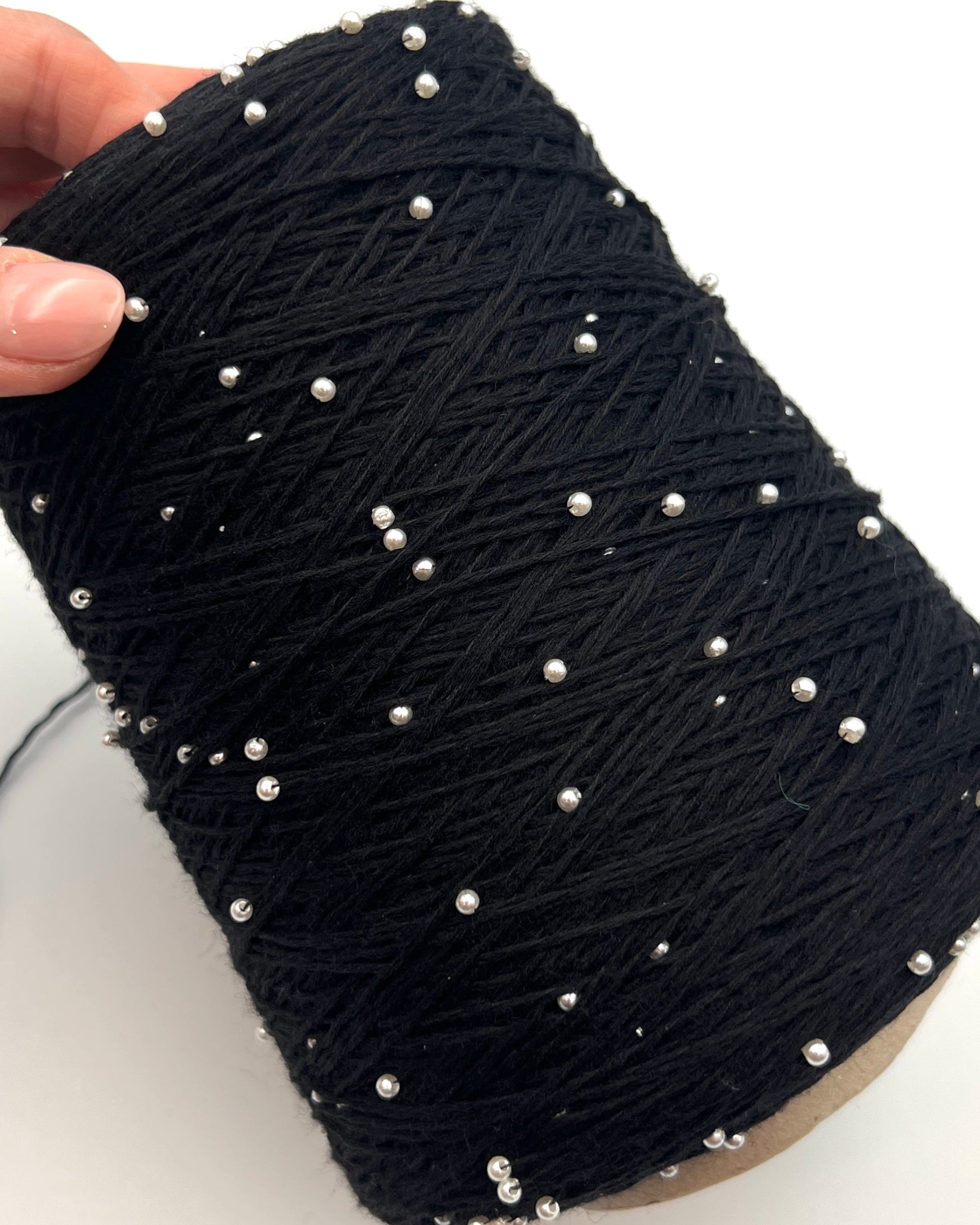 G&G Filati BON-BON luxury 100% merino wool single ply sport weight yarn integrated with generously spaced perline pearl beads on original industrial cones for Brunello Cucinelli inspired knitwear at iDOKNiT.