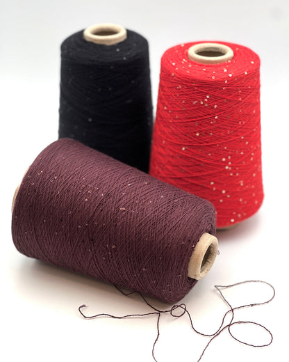 G&G Filati CASH-COTON luxury 85% cotton 15% cashmere lace weight yarn featuring integrated, delicately spaced 2mm paillette sequins wound for high-end boutique knitwear.