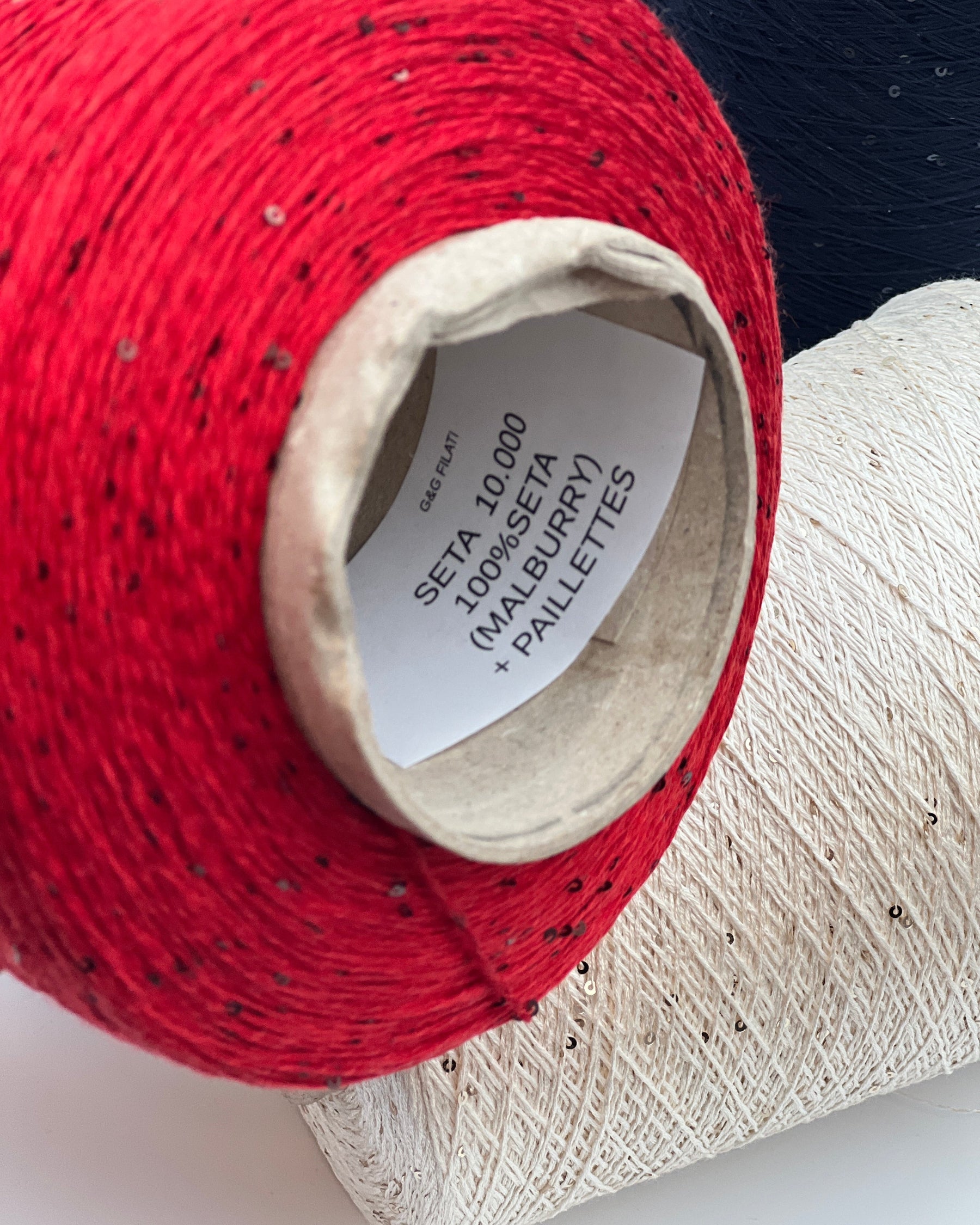 G&G Filati MULBERRY SETA luxury 100 mulberry silk lace weight yarn with integrated 2mm paillette sequins wound for boutique knitwear