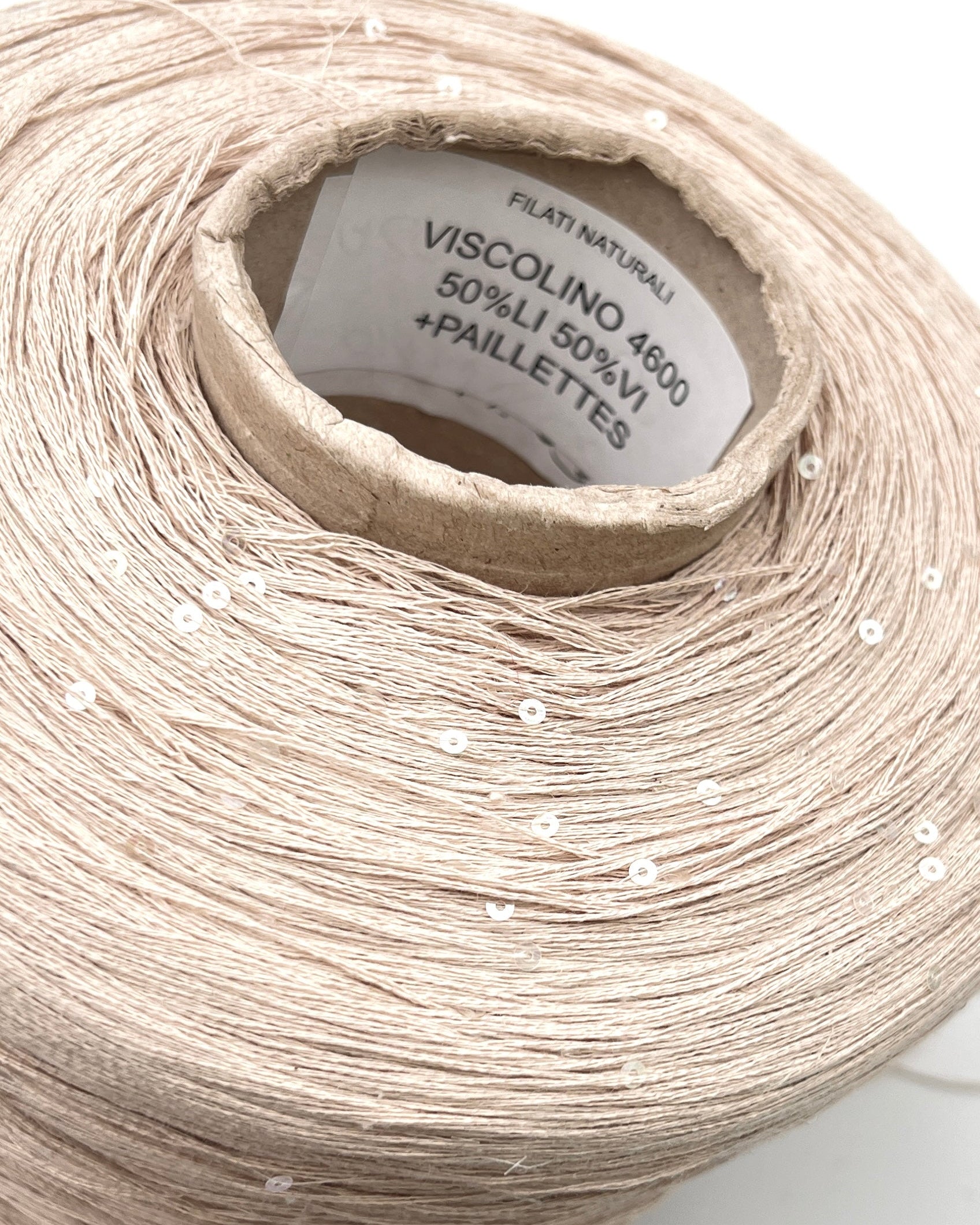 GG FILATI VISCOLINO Italian flax linen viscose blend lace weight yarn with integrated 3mm holographic sequins on cone from iDOKNiT