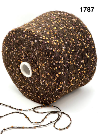 COLOR 1787 DARK CHOCOLATE MULTI - Spool of brown yarn with speckles on a white background