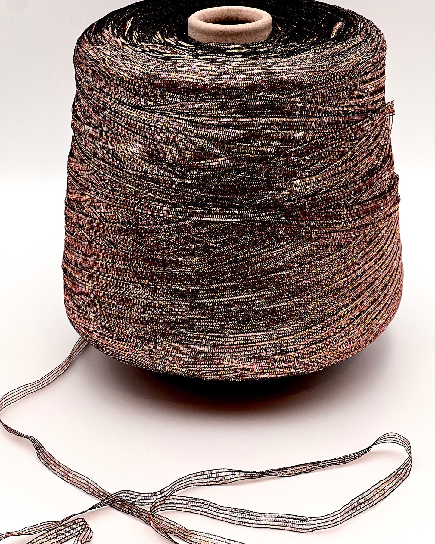 Vimar 1991 Eco Polis Italian open ladder lurex ribbon yarn in iridescent antique rose gold balls from iDOKNiT
