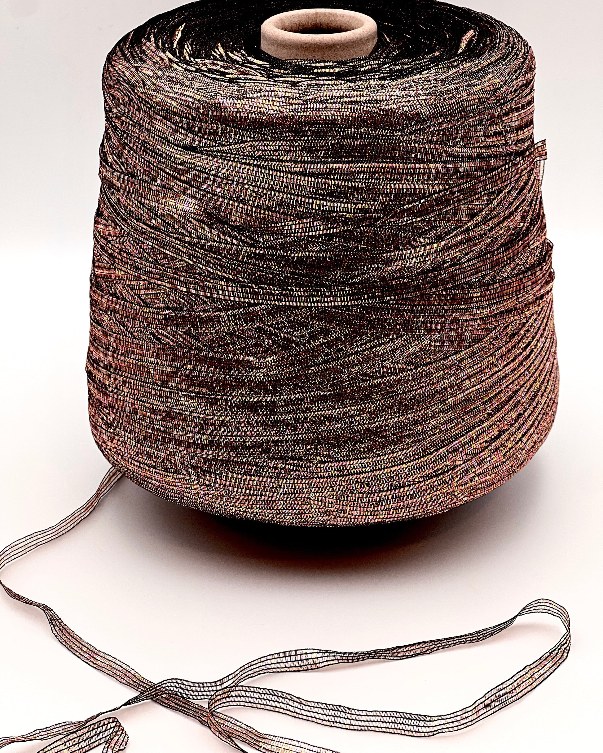 Vimar 1991 Eco Polis Italian open ladder lurex ribbon yarn in iridescent antique rose gold balls from iDOKNiT