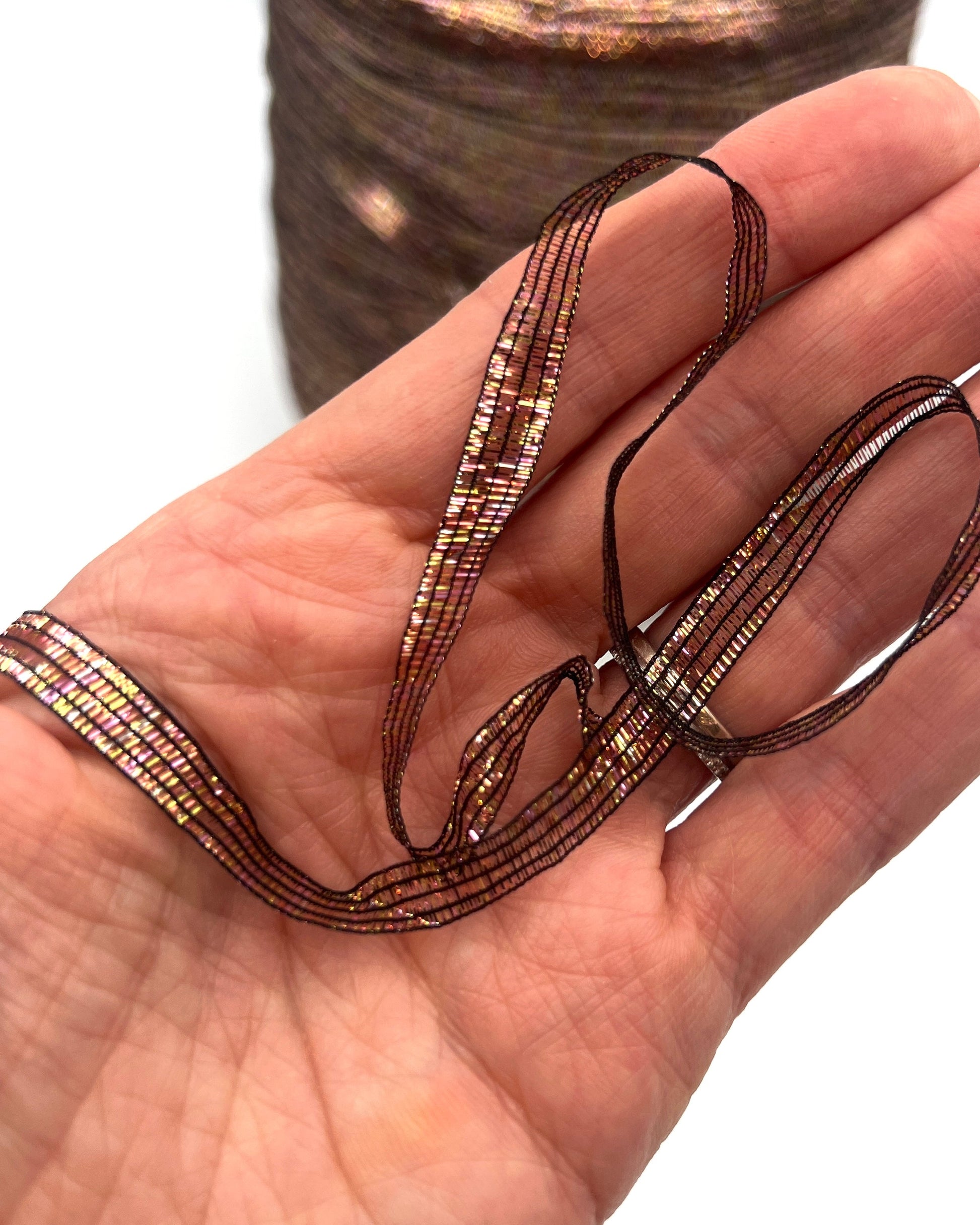 Vimar 1991 Eco Polis Italian open ladder lurex ribbon yarn in iridescent antique rose gold balls from iDOKNiT