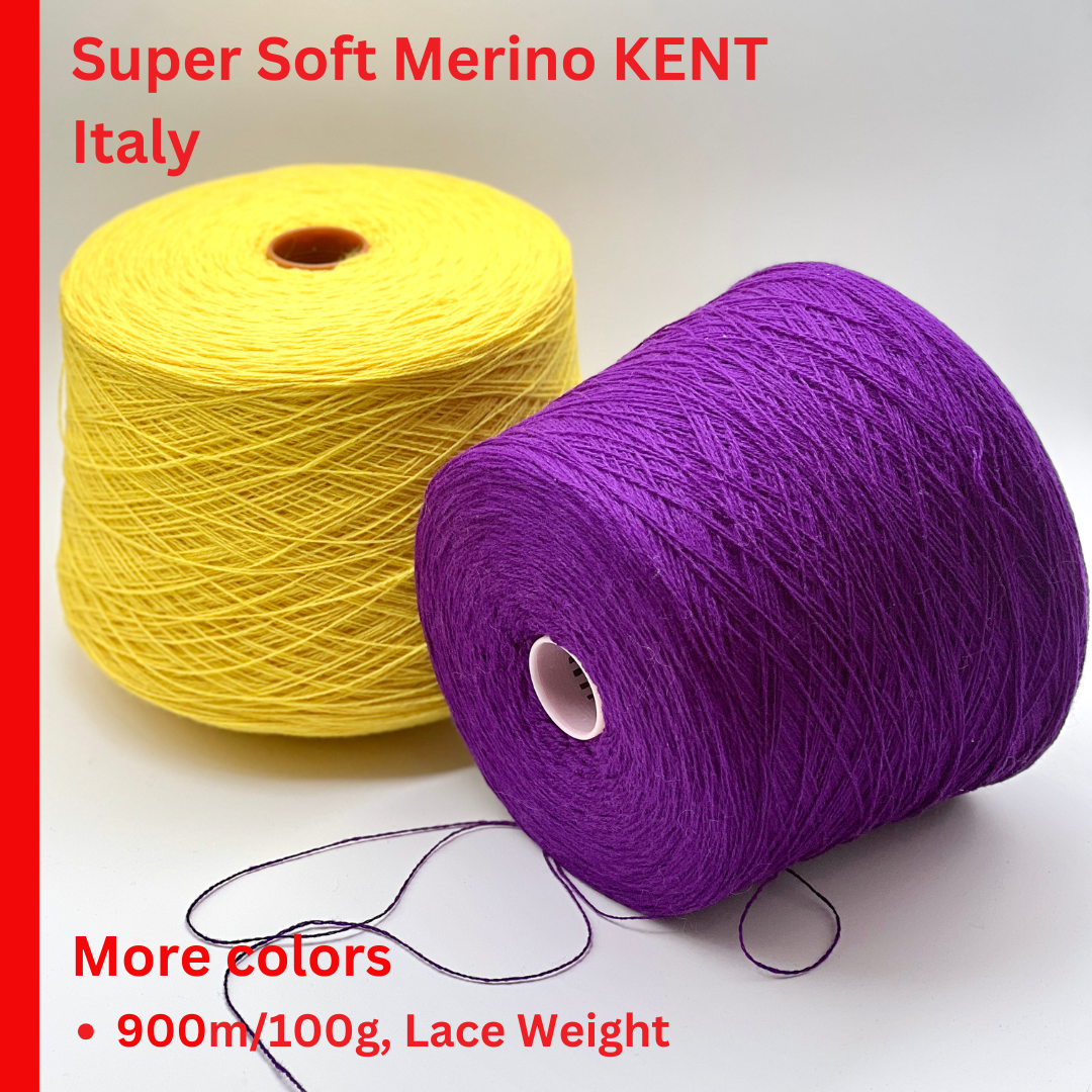 Two spools of yarn, one yellow and one purple, on a white background with text about the yarn's origin and weight.