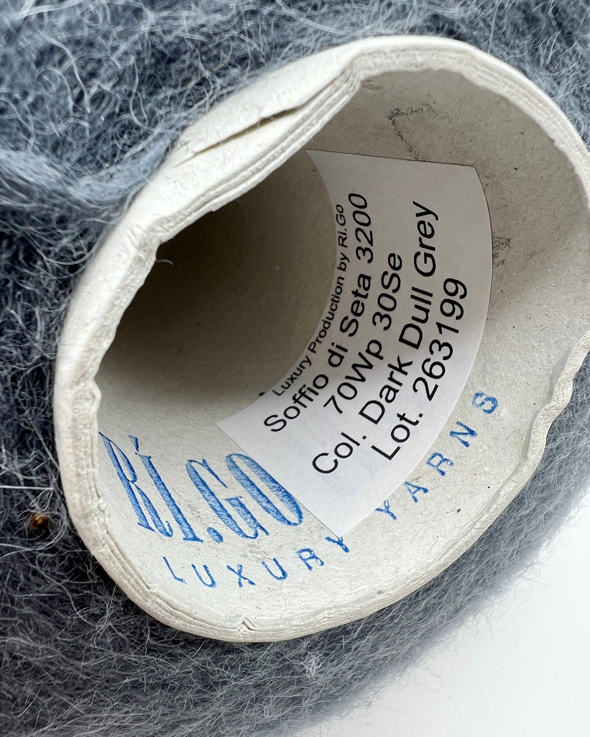 Yarn ball with a label on a gray background