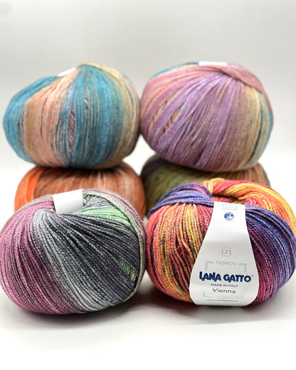 Lana Gatto VIENNA yarn ball in multicolor tones – 125th anniversary label front