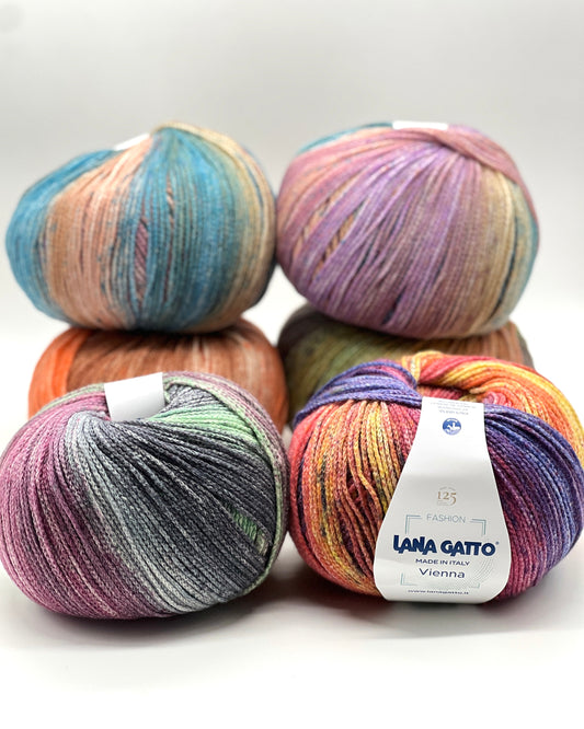 Lana Gatto VIENNA yarn ball in multicolor tones – 125th anniversary label front