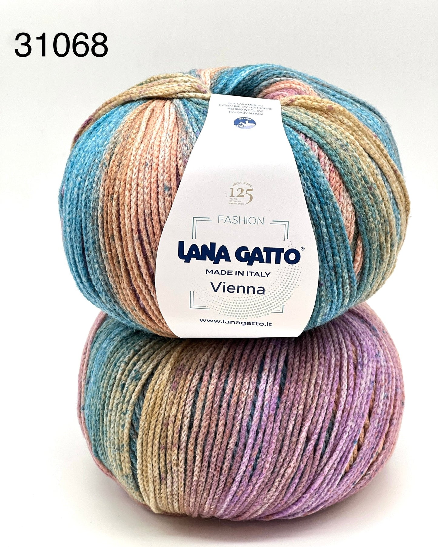 Lana Gatto VIENNA yarn ball in multicolor tones – 125th anniversary label front