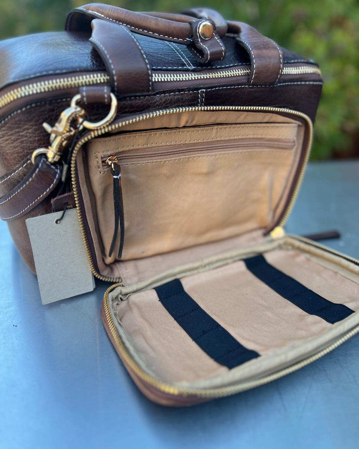 RE PROJECT 39 handcrafted Urban Leather knitting and crochet crossbody bag with top handles and front pocket from iDOKNiT