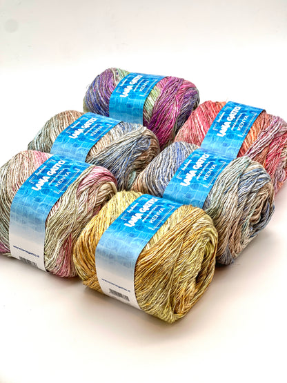 Multicolored yarn skeins with blue labels on a white background